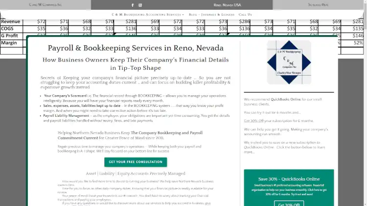 Screenshot of the home page of C & M Bookkeeping