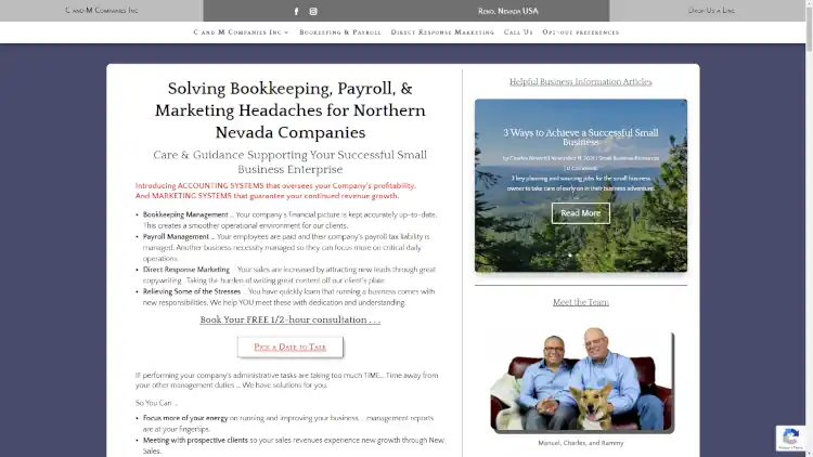 Screenshot of the home page of C and M Companies Inc